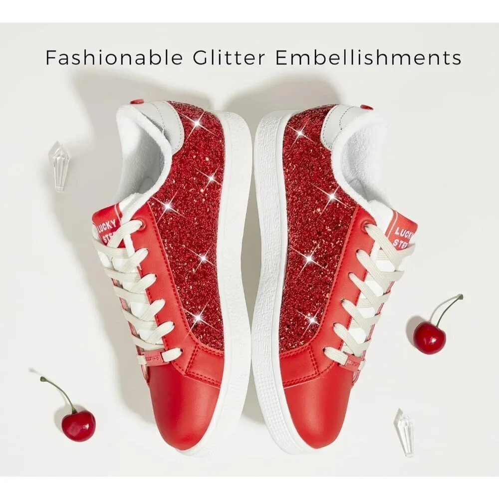 Women's Red Fashion Star Sneaker Lace Up Low Top Comfortable Cushioned Shoes - Picture 2 of 9
